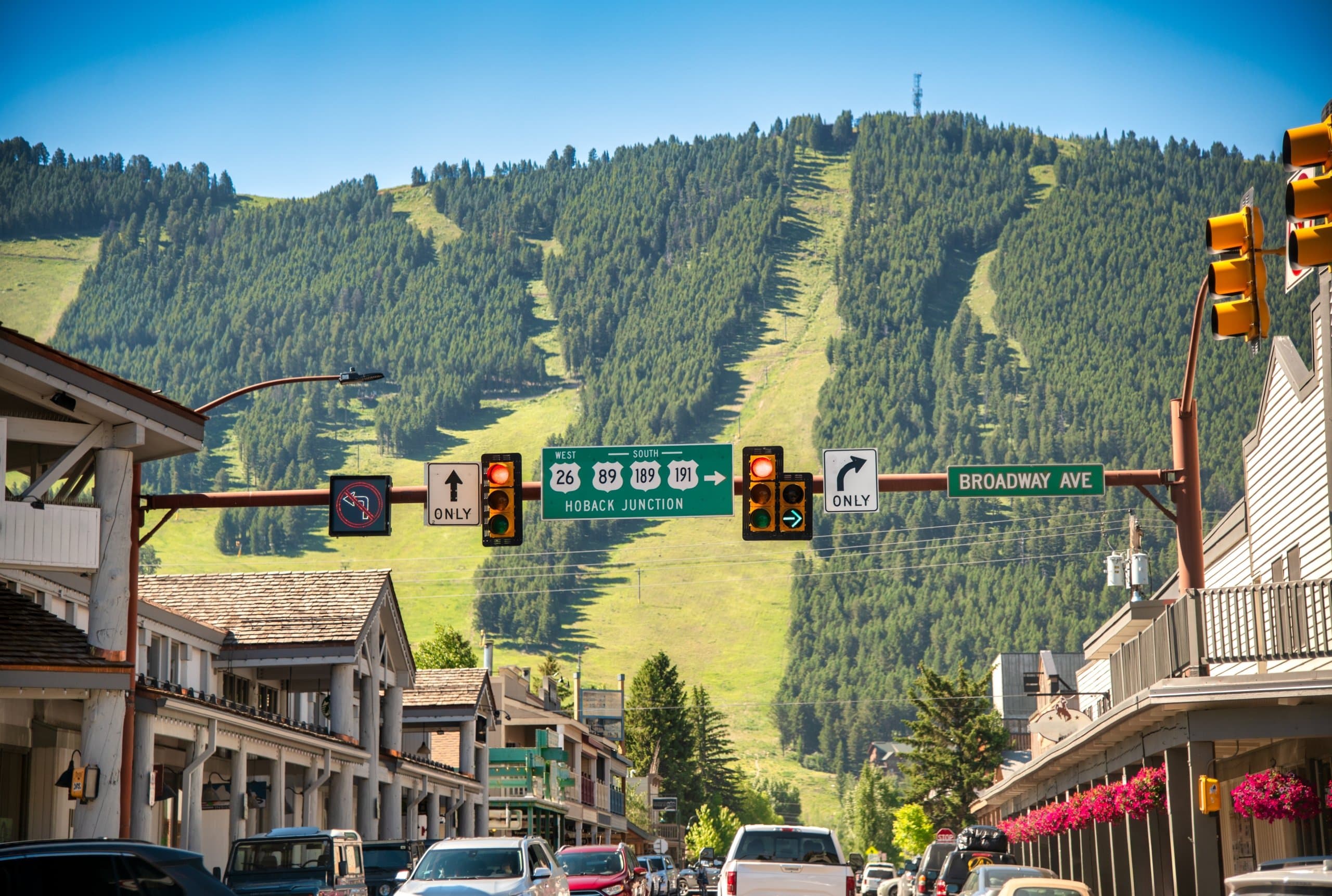 Jackson Hole, Wyoming. City streets and mountains on a summer day.