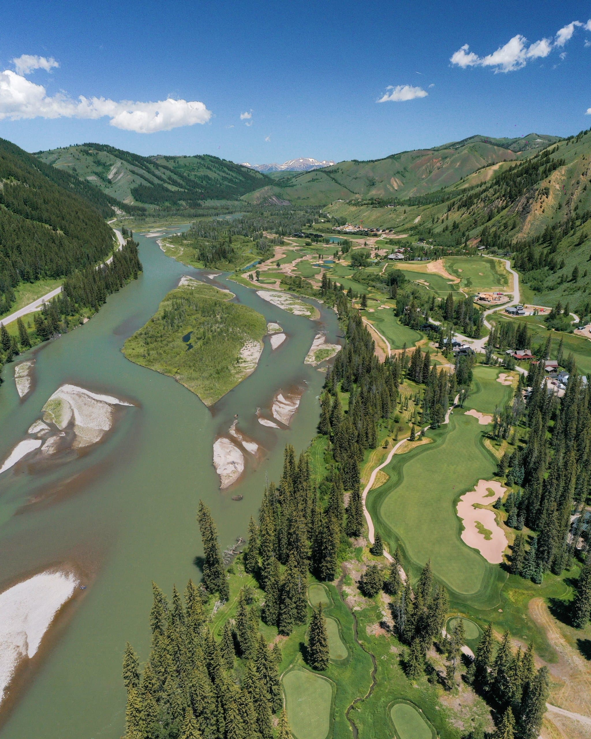 Aerial view of Snake River running through the Snake River Sporting Club in Wyoming