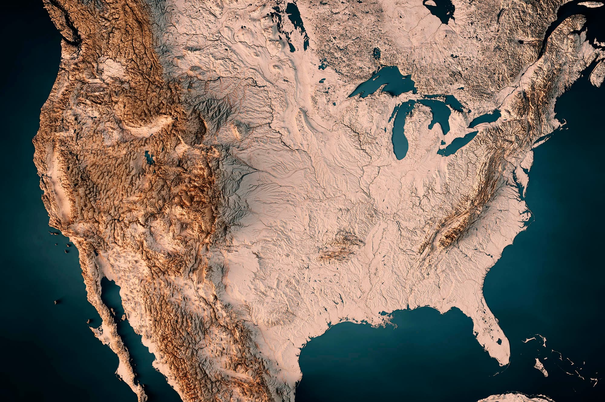 3D Render of a Topographic Map of the United States of America.
