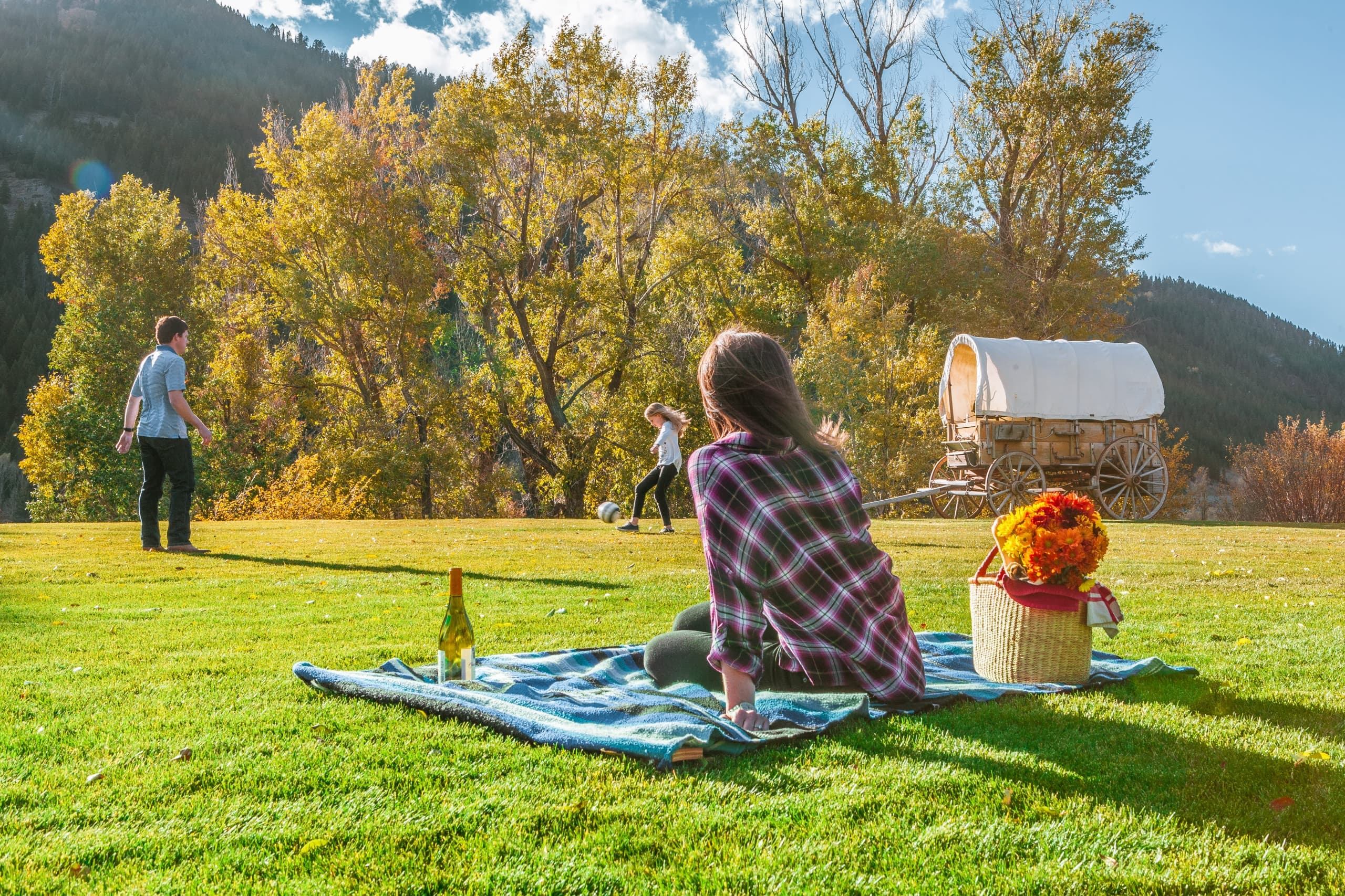 woman sitting on a blanket on the grass