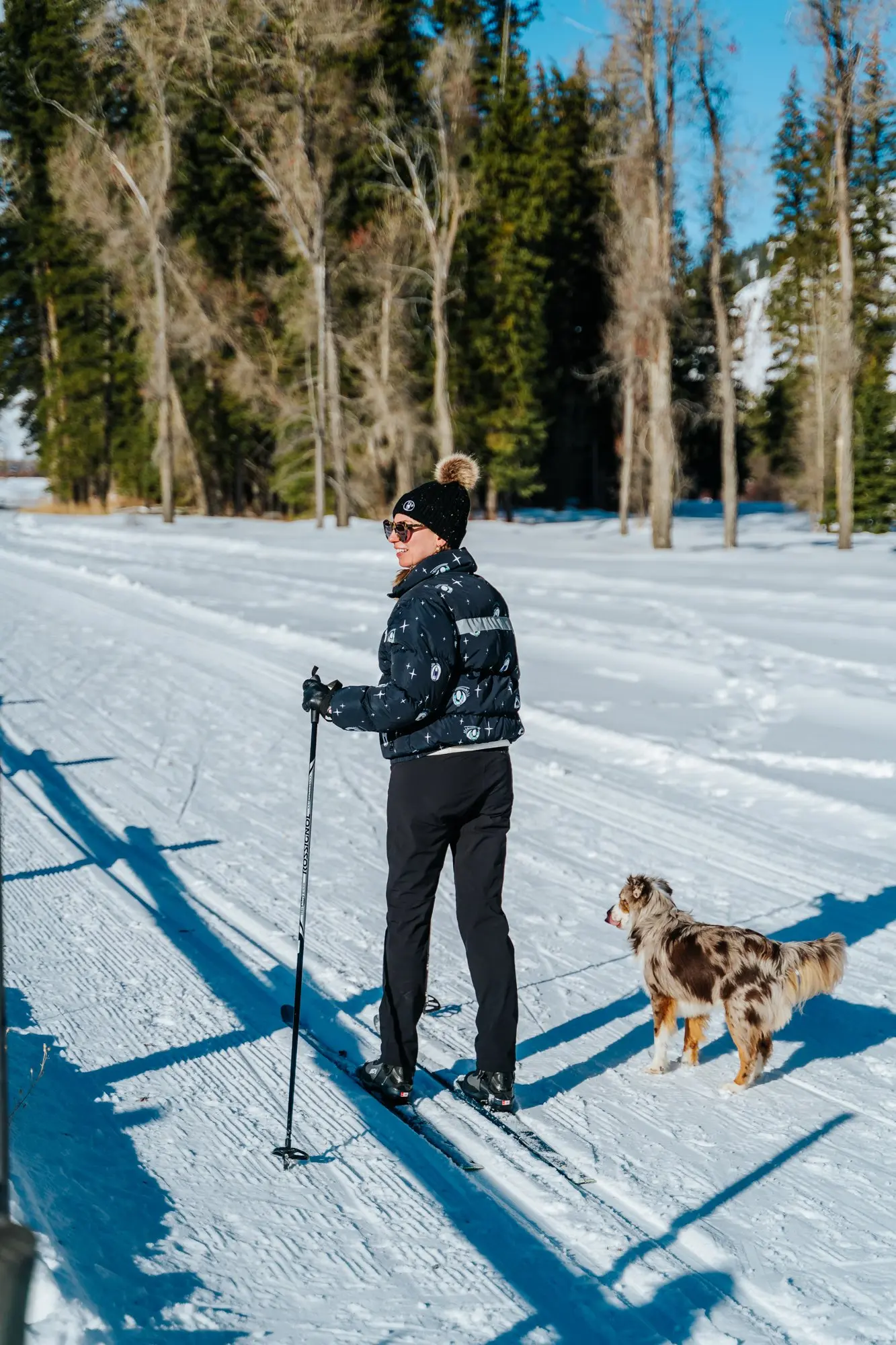 A cross country skier with a small dog at Snake River Sporting Club in Jackson, WY