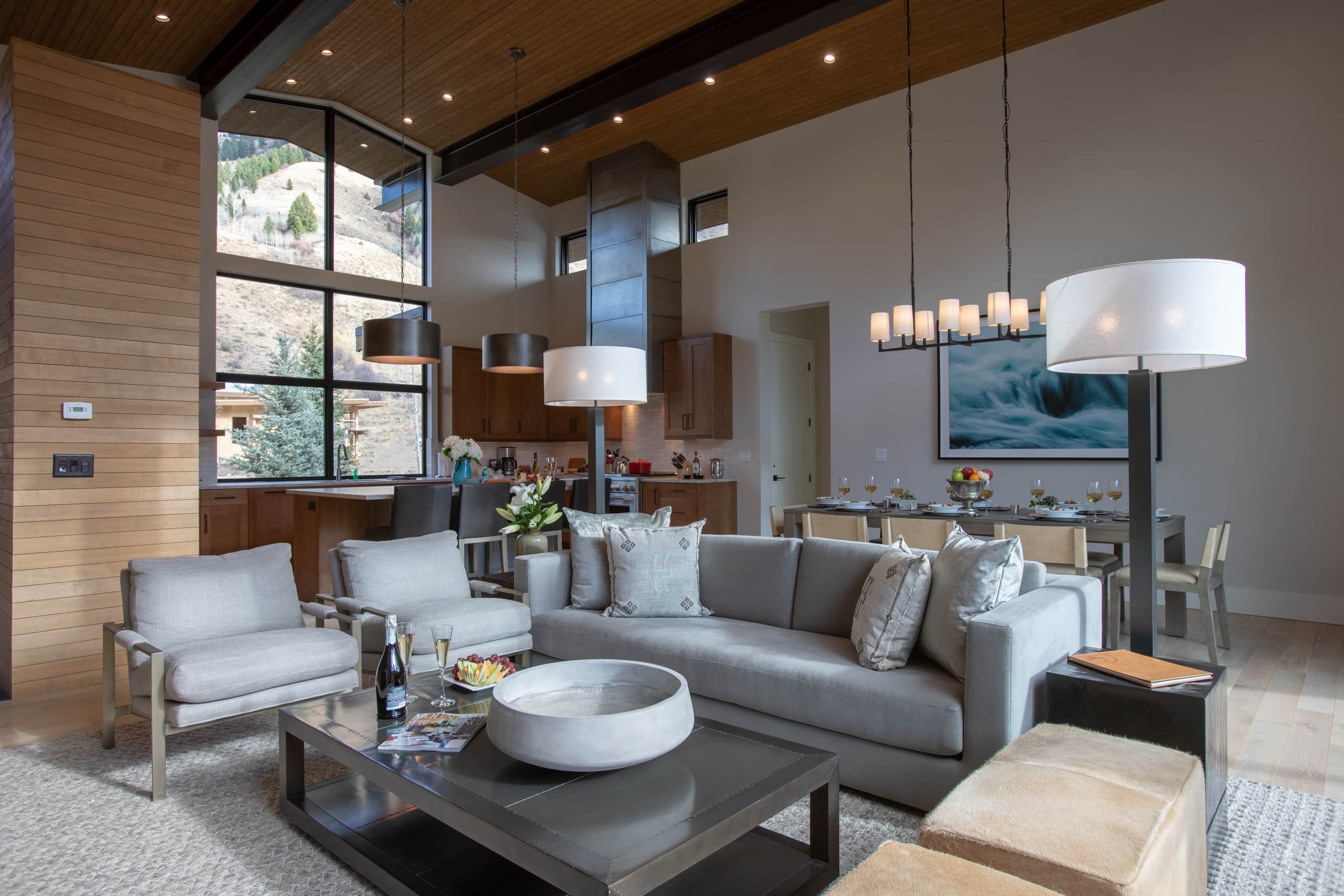 The Fairway Cabins living room with ski slope views at Snake River Sporting Club in Jackson.