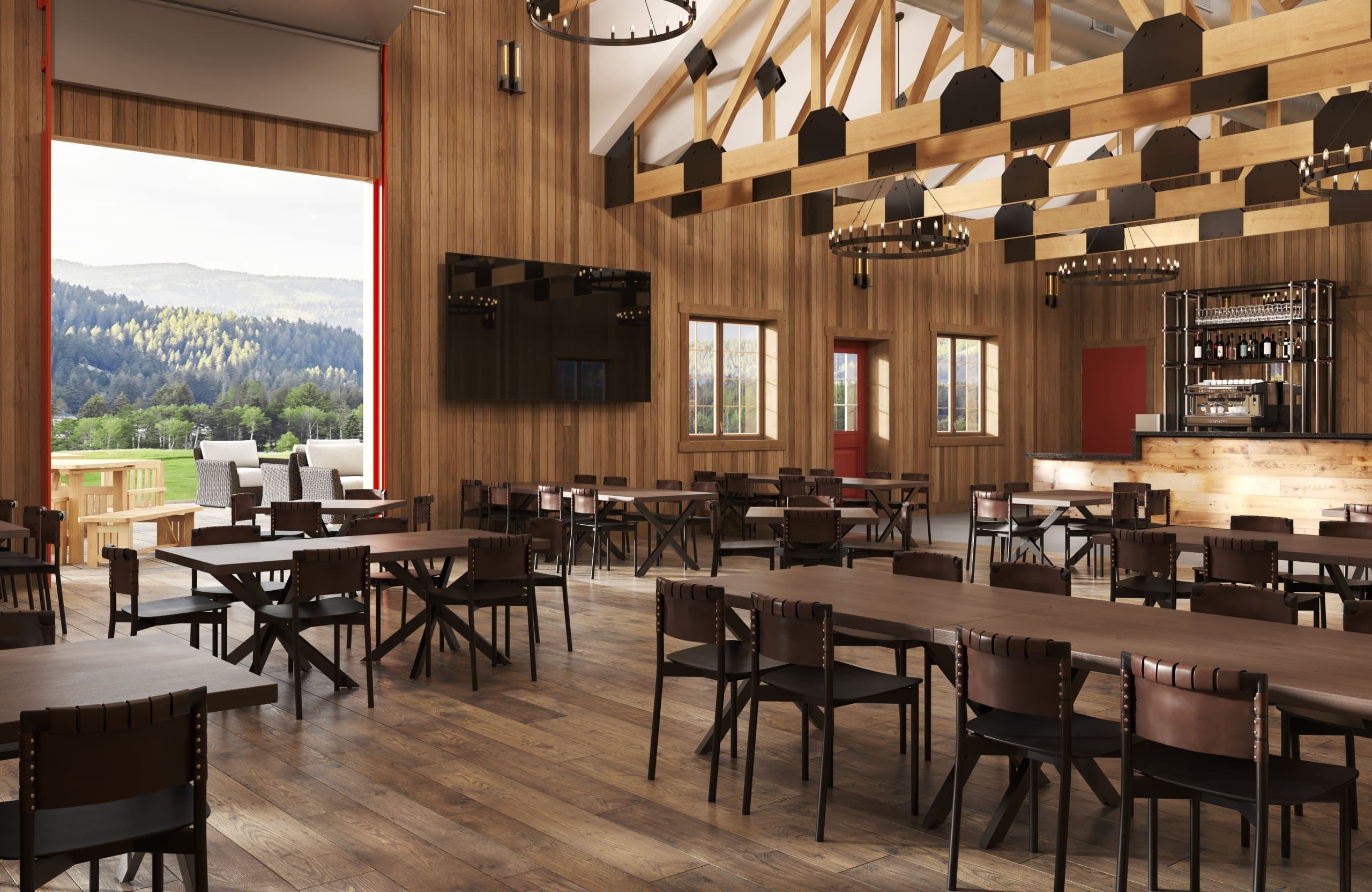 The Lodge Barn venue with garage door up at Snake River Sporting Club
