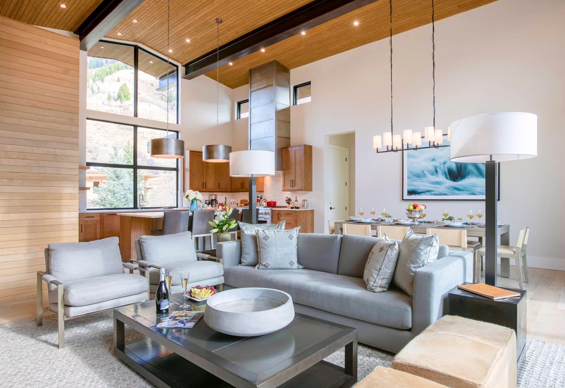 The Fairway Cabins living room with ski slope views at Snake River Sporting Club in Jackson.